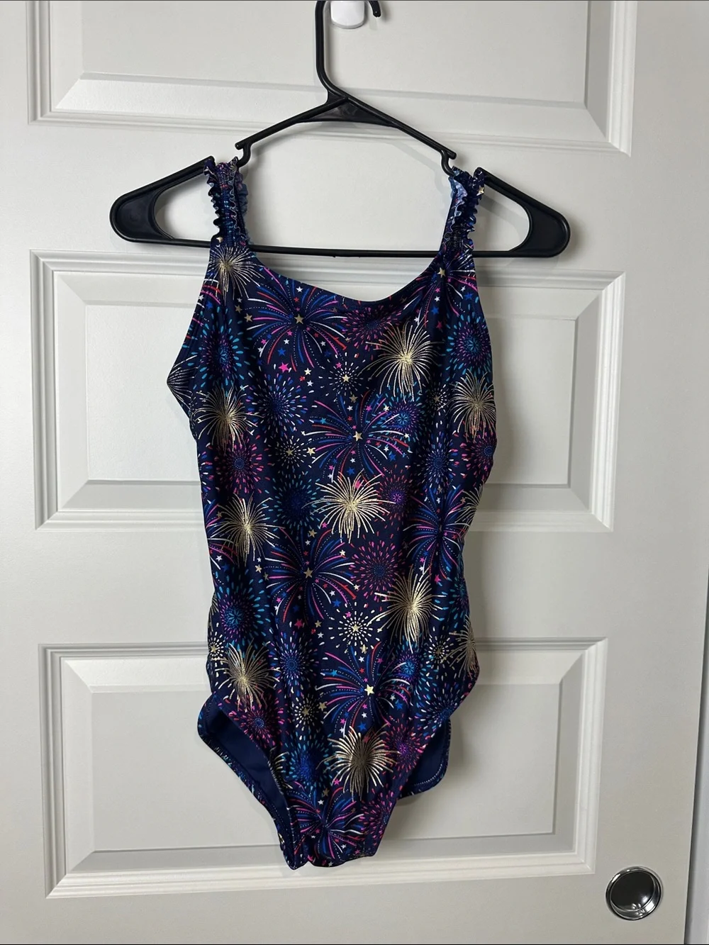 Cat & Jack Girls Fireworks Print One-Piece Swimsuit -Navy Multicolor Ruffle XL